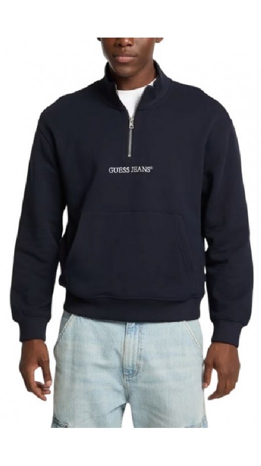 GUESS JEANS HALF ZIP REG EMBRO SWEAT ΜΠΛΟΥΖΑ ΦΟΥΤΕΡ ΑΝΔΡΙΚΗ DARK NAVY