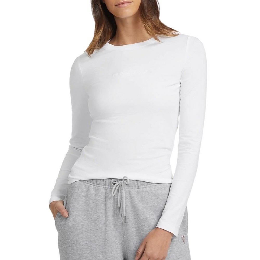 GUESS JEANS  LS CN SLIM LOGO EMB TEE ΜΠΛΟΥΖΑ ΓΥΝΑΙΚΕΙΑ WHITE