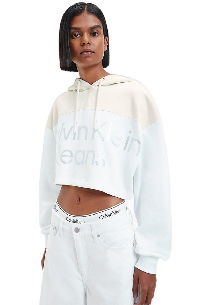 CALVIN KLEIN JEANS SHINY INSTITUTIONAL HOODIE ΜΠΛΟΥΖΑ ΦΟΥΤΕΡ ΓΥΝΑΙΚΕΙΑ WHITE