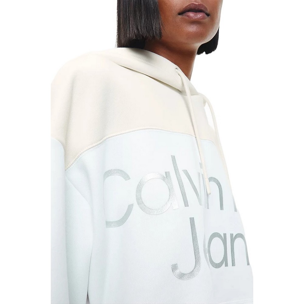 CALVIN KLEIN JEANS SHINY INSTITUTIONAL HOODIE ΜΠΛΟΥΖΑ ΦΟΥΤΕΡ ΓΥΝΑΙΚΕΙΑ WHITE