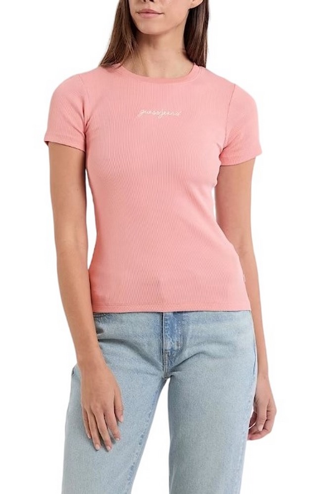 GUESS JEANS SL CN EMBRO SLIM RIB TEE ΜΠΛΟΥΖΑ ΓΥΝΑΙΚΕΙΑ PINK