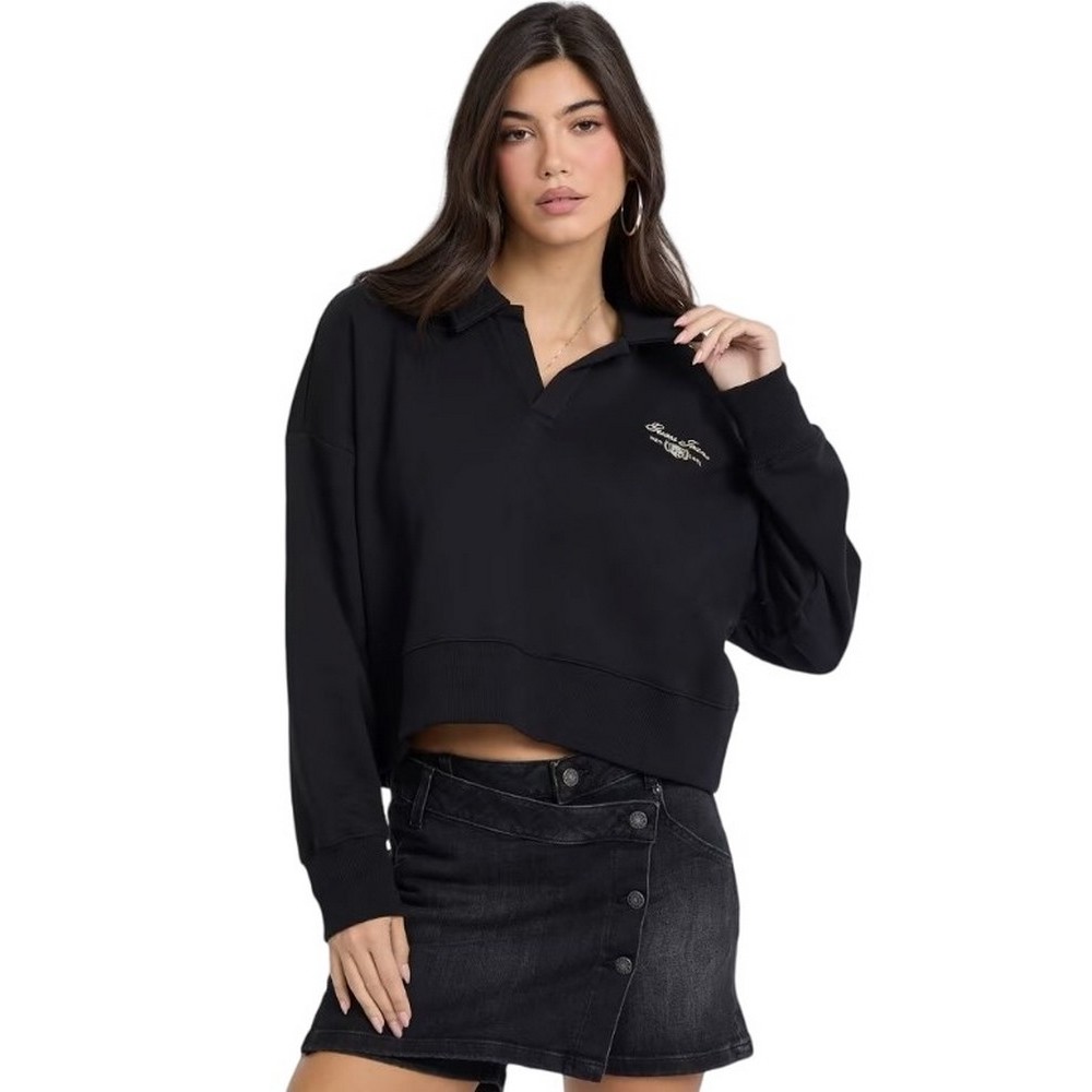 GUESS JEANS NOTCHED COLLAR CROP SWEAT ΦΟΥΤΕΡ ΜΠΛΟΥΖΑ ΓΥΝΑΙΚΕΙΑ BLACK