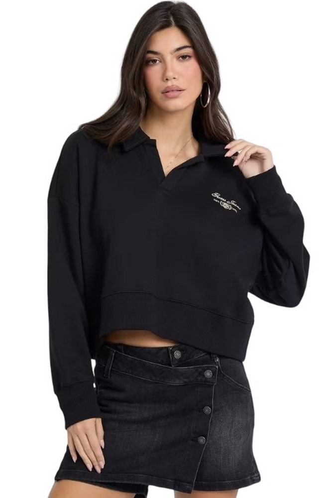 GUESS JEANS NOTCHED COLLAR CROP SWEAT ΦΟΥΤΕΡ ΜΠΛΟΥΖΑ ΓΥΝΑΙΚΕΙΑ BLACK