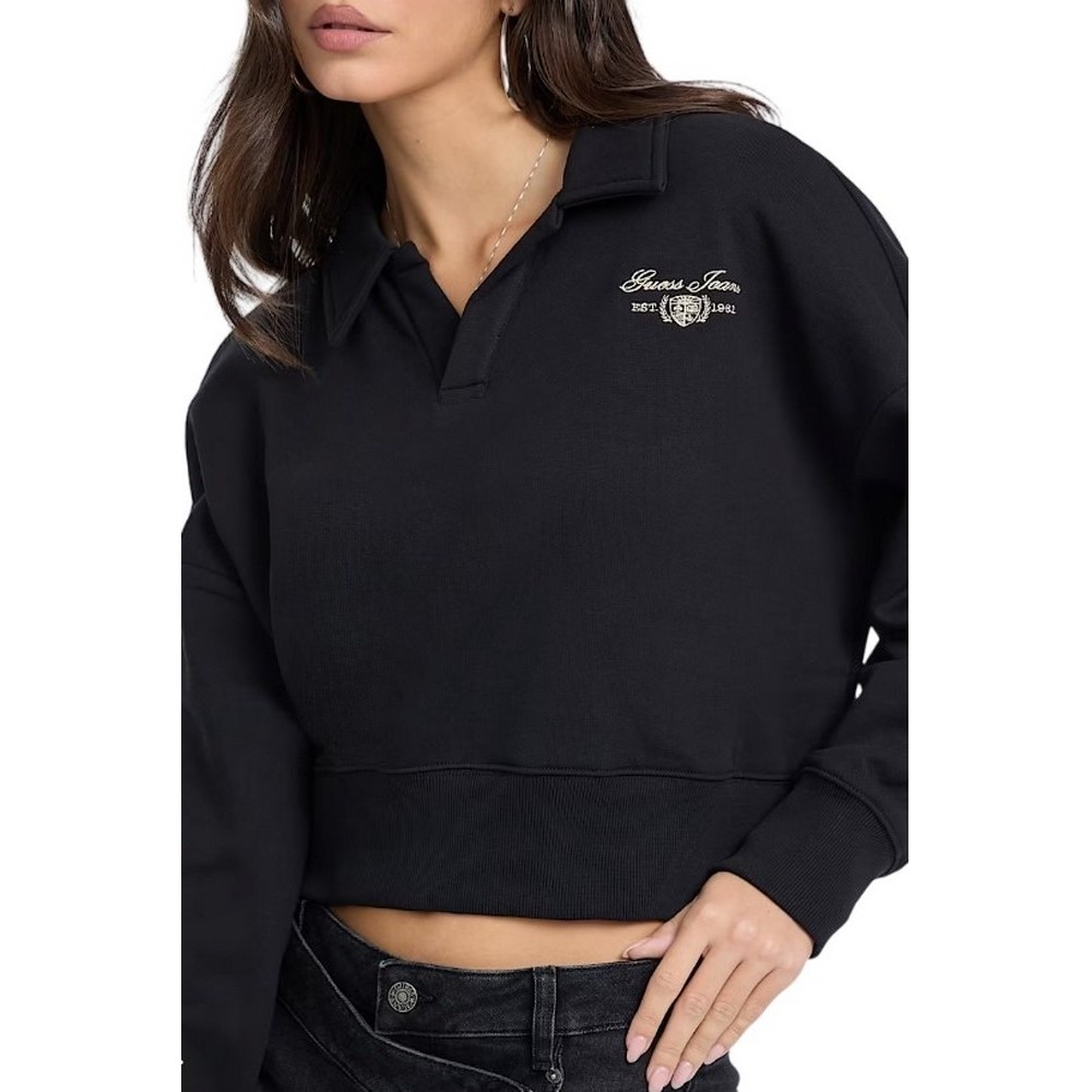 GUESS JEANS NOTCHED COLLAR CROP SWEAT ΦΟΥΤΕΡ ΜΠΛΟΥΖΑ ΓΥΝΑΙΚΕΙΑ BLACK