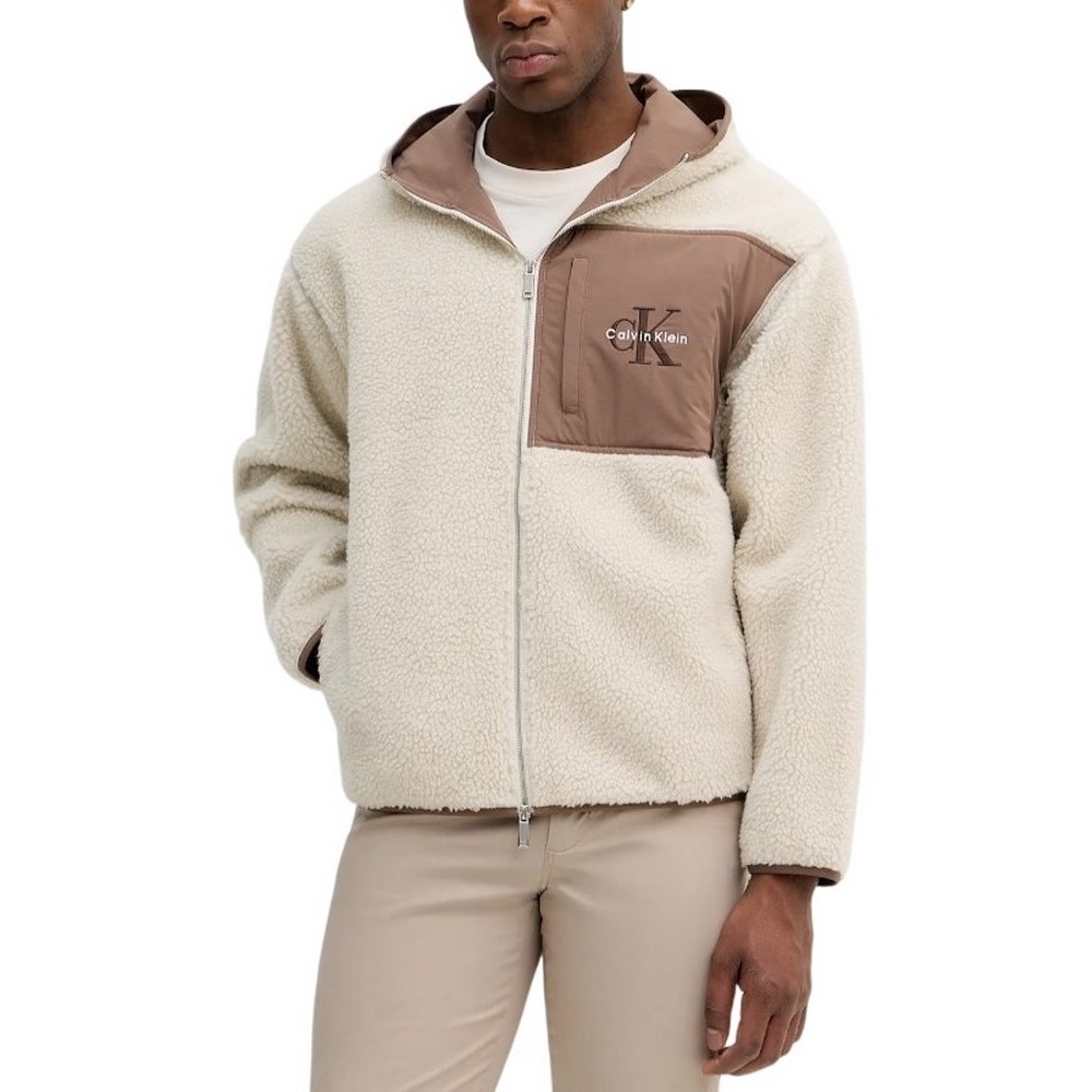 CALVIN KLEIN JEANS SHERPA FUNNEL NECK FULL ZIP HOOD ΜΠΟΥΦΑΝ ΑΝΔΡΙΚΟ ECRU