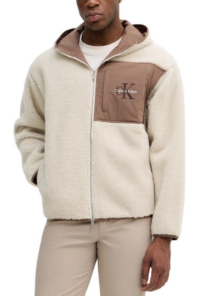 CALVIN KLEIN JEANS SHERPA FUNNEL NECK FULL ZIP HOOD ΜΠΟΥΦΑΝ ΑΝΔΡΙΚΟ ECRU