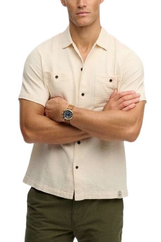 SUPERDRY D2 STUD MERCHANT TEXTURED S/S SHIRT ΠΟΥΚΑΜΙΣΟ ΑΝΔΡΙΚΟ BEIGE