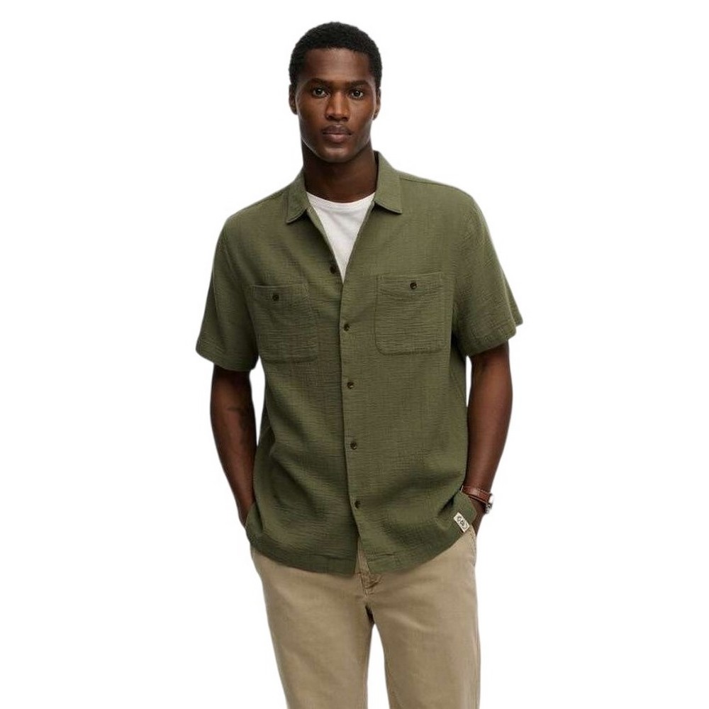 SUPERDRY D2 STUD MERCHANT TEXTURED S/S SHIRT ΠΟΥΚΑΜΙΣΟ ΑΝΔΡΙΚΟ MILITARY GREEN