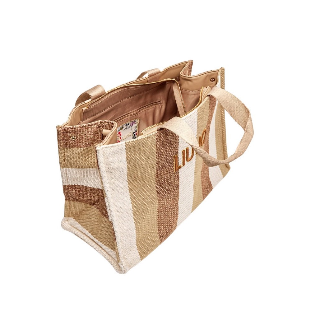 LIU JO SOFT TOTE STRIPED CANVAS ΤΣΑΝΤΑ ΓΥΝΑΙΚΕΙΑ BEIGE/KHAKI