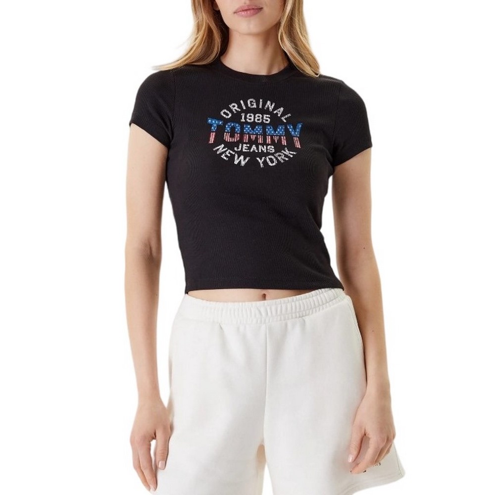 TOMMY JEANS  SLIM SH TOMMY NY RIB TEE T-SHIRT ΜΠΛΟΥΖΑ ΓΥΝΑΙΚΕΙΑ BLACK