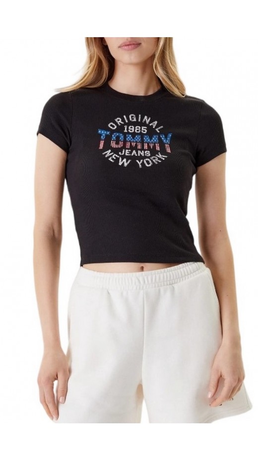 TOMMY JEANS  SLIM SH TOMMY NY RIB TEE T-SHIRT ΜΠΛΟΥΖΑ ΓΥΝΑΙΚΕΙΑ BLACK