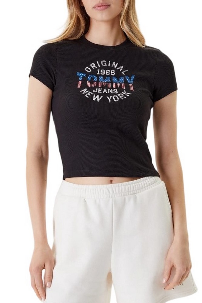 TOMMY JEANS  SLIM SH TOMMY NY RIB TEE T-SHIRT ΜΠΛΟΥΖΑ ΓΥΝΑΙΚΕΙΑ BLACK