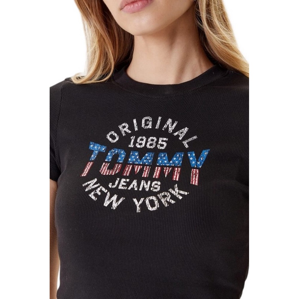 TOMMY JEANS  SLIM SH TOMMY NY RIB TEE T-SHIRT ΜΠΛΟΥΖΑ ΓΥΝΑΙΚΕΙΑ BLACK