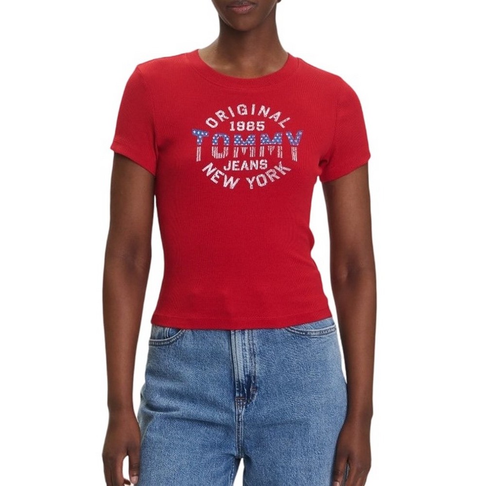 TOMMY JEANS  SLIM SH TOMMY NY RIB TEE T-SHIRT ΜΠΛΟΥΖΑ ΓΥΝΑΙΚΕΙΑ RED