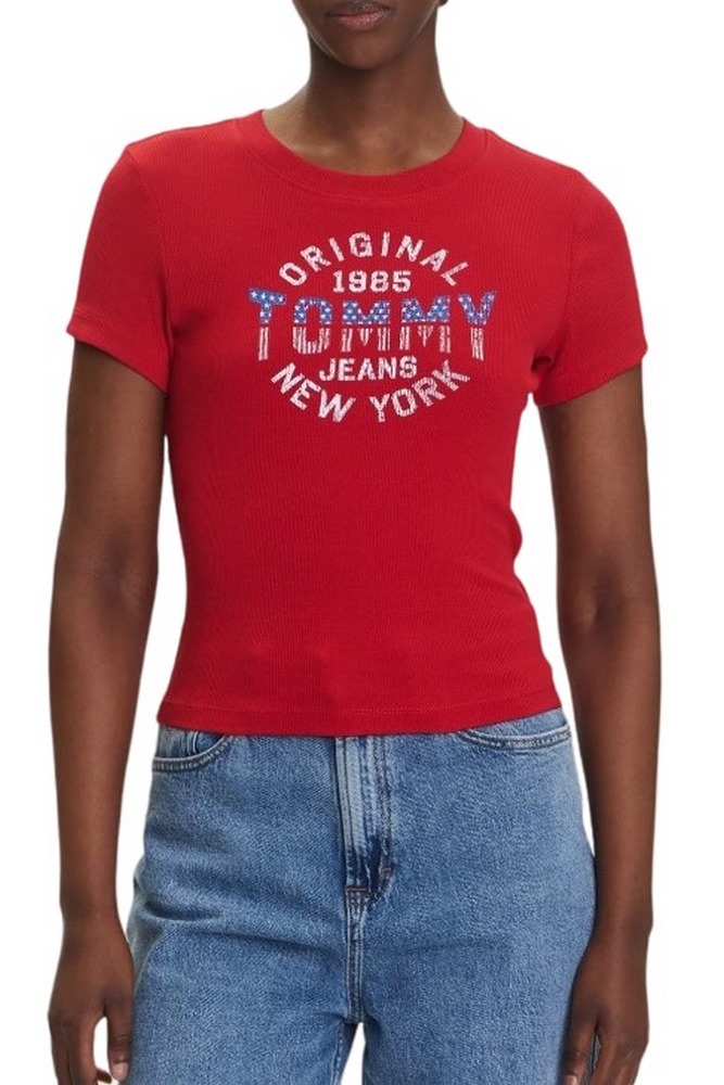 TOMMY JEANS  SLIM SH TOMMY NY RIB TEE T-SHIRT ΜΠΛΟΥΖΑ ΓΥΝΑΙΚΕΙΑ RED