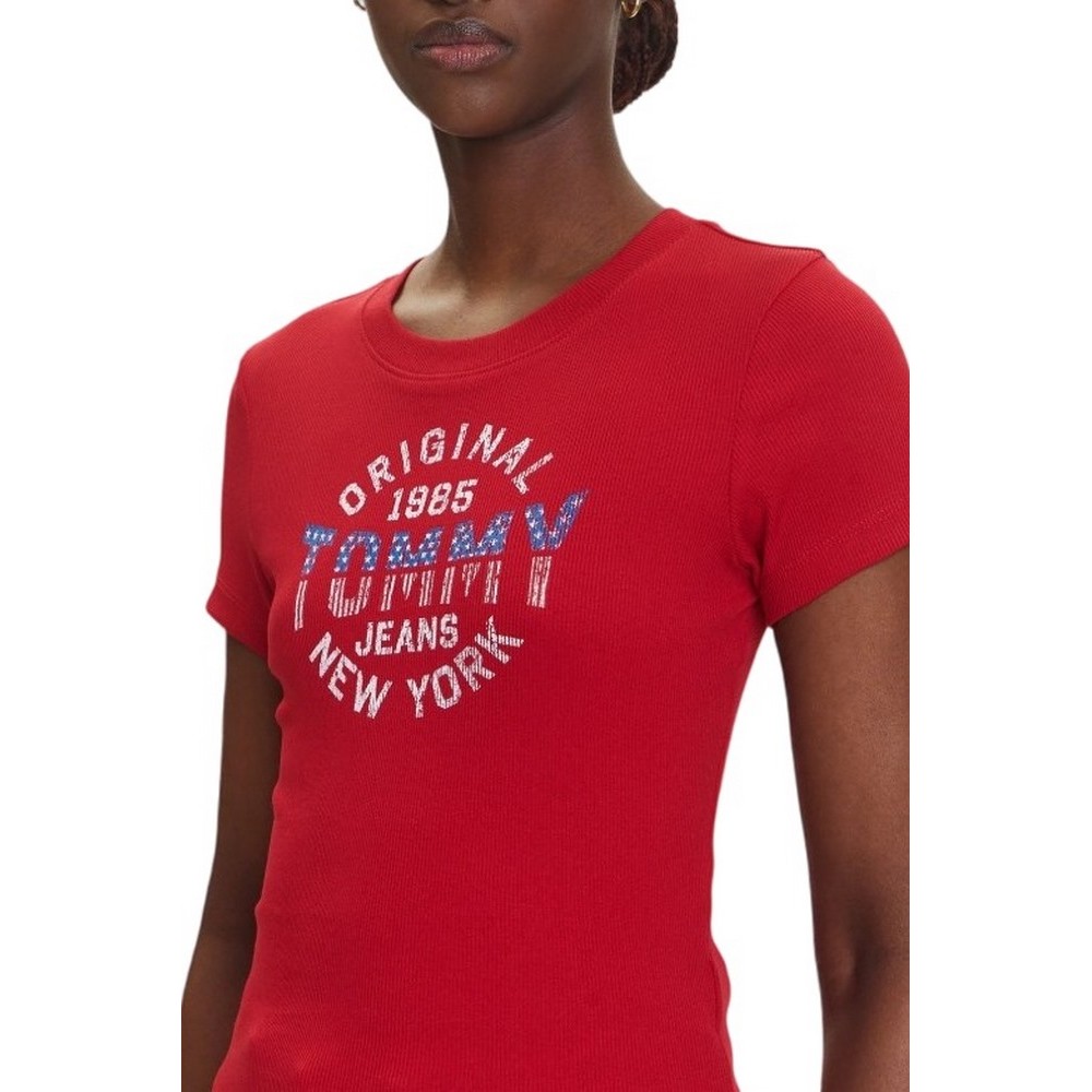 TOMMY JEANS  SLIM SH TOMMY NY RIB TEE T-SHIRT ΜΠΛΟΥΖΑ ΓΥΝΑΙΚΕΙΑ RED