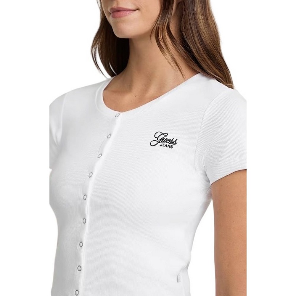 GUESS JEANS SL CN SNAP EMBRO T-SHIRT ΜΠΛΟΥΖΑ ΓΥΝΑΙΚΕΙΑ WHITE