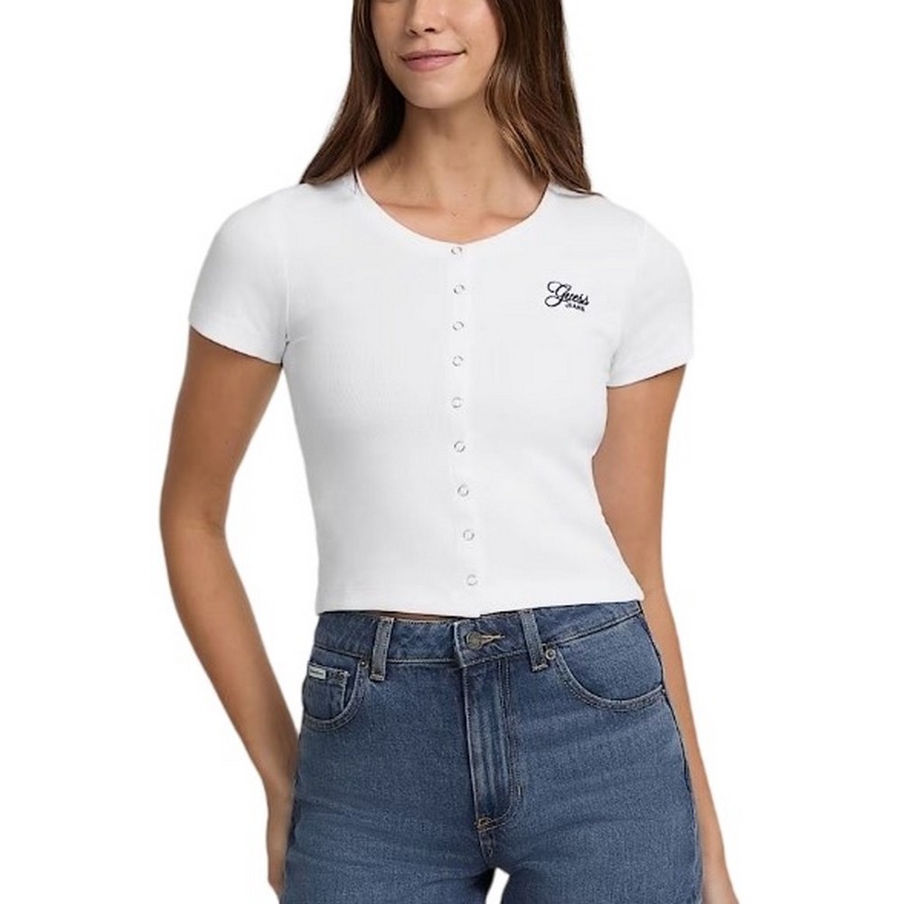 GUESS JEANS SL CN SNAP EMBRO T-SHIRT ΜΠΛΟΥΖΑ ΓΥΝΑΙΚΕΙΑ WHITE