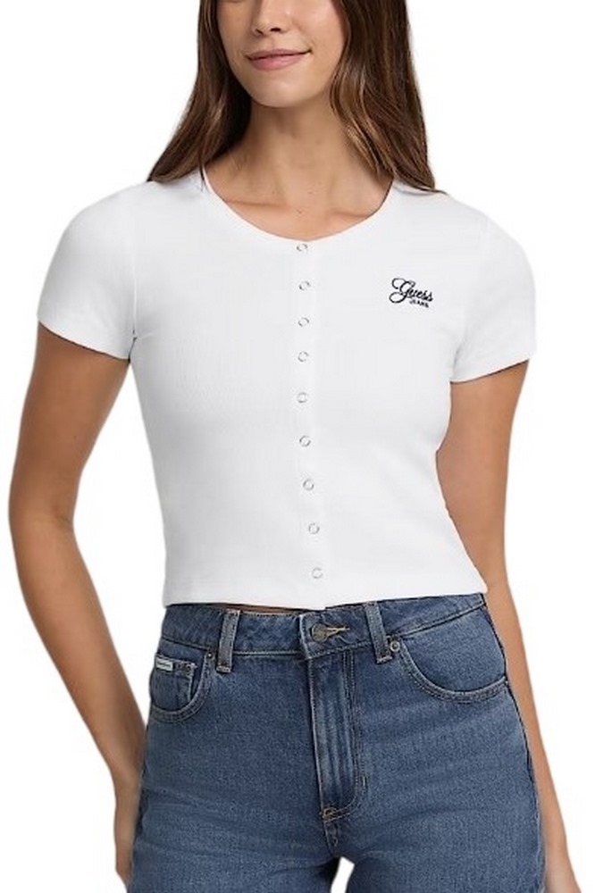 GUESS JEANS SL CN SNAP EMBRO T-SHIRT ΜΠΛΟΥΖΑ ΓΥΝΑΙΚΕΙΑ WHITE