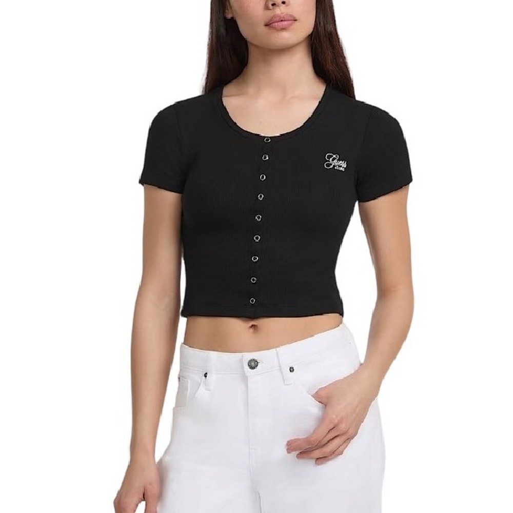 GUESS JEANS SL CN SNAP EMBRO T-SHIRT ΜΠΛΟΥΖΑ ΓΥΝΑΙΚΕΙΑ BLACK