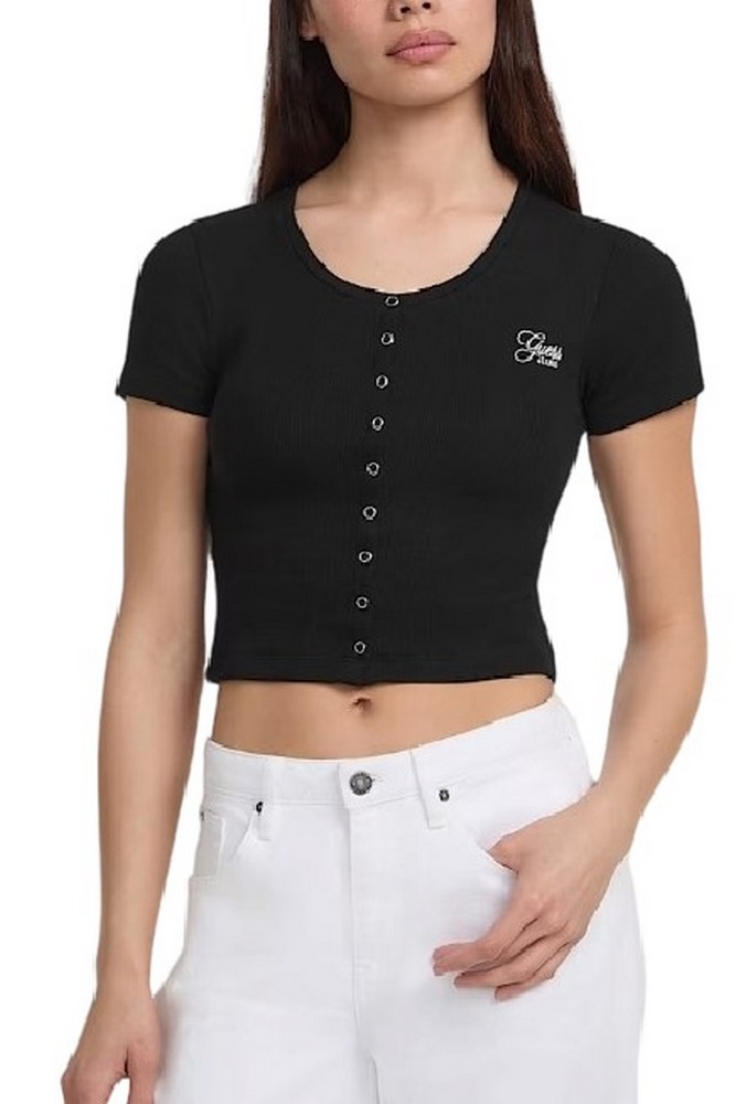 GUESS JEANS SL CN SNAP EMBRO T-SHIRT ΜΠΛΟΥΖΑ ΓΥΝΑΙΚΕΙΑ BLACK
