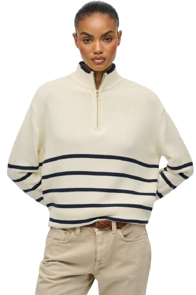 SUPERDRY D3 STUD KNIT ZIP UP HENLEY ΜΠΛΟΥΖΑ ΠΛΕΚΤΗ ΓΥΝΑΙΚΕΙΑ OFF WHITE