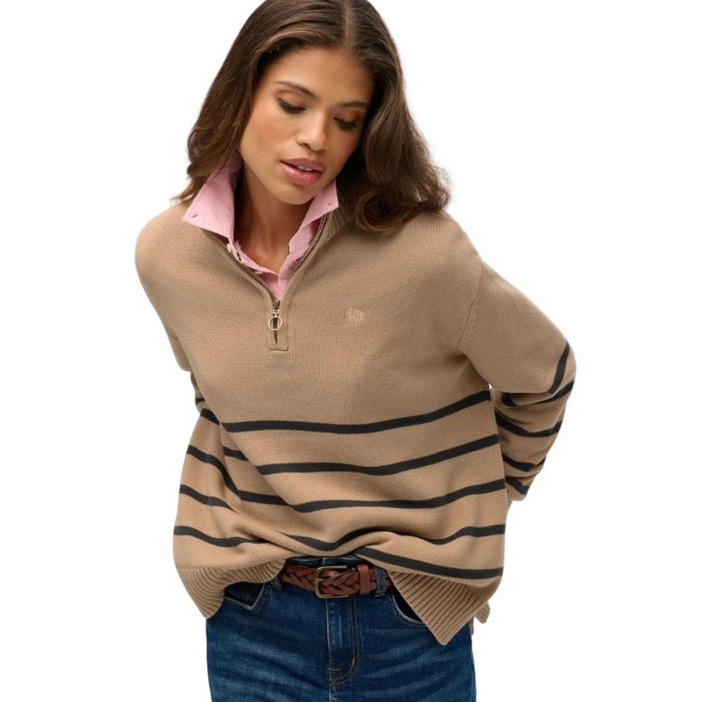 SUPERDRY D3 STUD KNIT ZIP UP HENLEY ΜΠΛΟΥΖΑ ΠΛΕΚΤΗ ΓΥΝΑΙΚΕΙΑ BEIGE