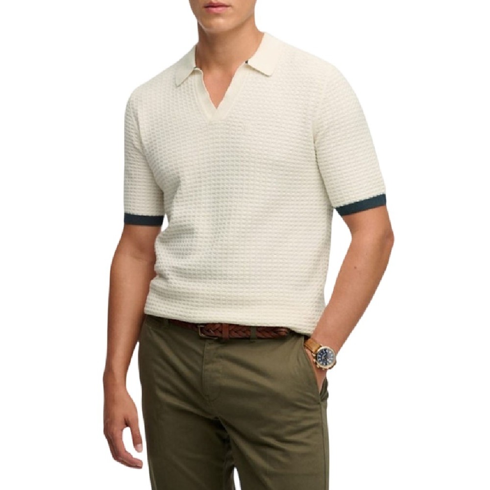 SUPERDRY D2 STUD JOHNNY COLLAR KNITTED POLO T-SHIRT ΜΠΛΟΥΖΑ ΑΝΔΡΙΚΗ OFF WHITE