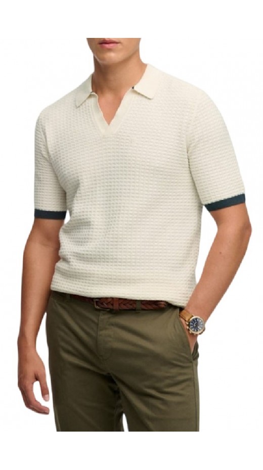 SUPERDRY D2 STUD JOHNNY COLLAR KNITTED POLO T-SHIRT ΜΠΛΟΥΖΑ ΑΝΔΡΙΚΗ OFF WHITE