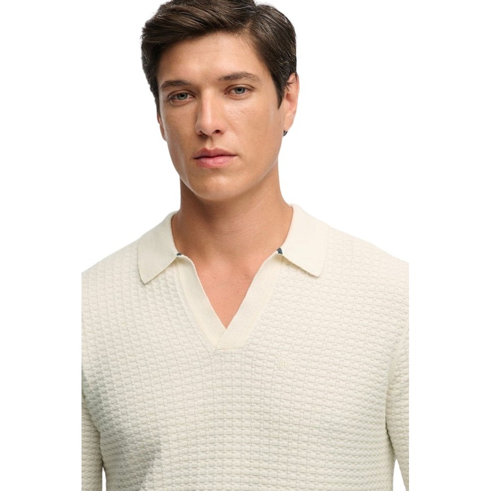 SUPERDRY D2 STUD JOHNNY COLLAR KNITTED POLO T-SHIRT ΜΠΛΟΥΖΑ ΑΝΔΡΙΚΗ OFF WHITE