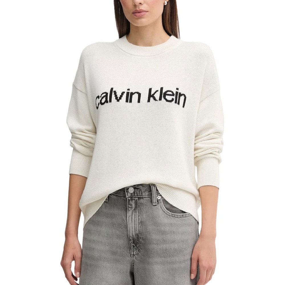 CALVIN KLEIN JEANS COTTON GRAPHIC PULLOVER ΜΠΛΟΥΖΑ ΠΛΕΚΤΗ ΓΥΝΑΙΚΕΙΑ OFF WHITE