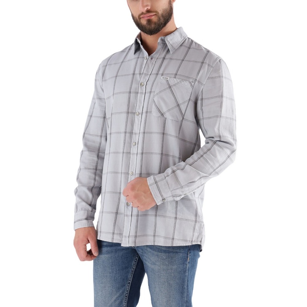 GUESS CHECK BLEACH COTTON SHIRT ΠΟΥΚΑΜΙΣΟ ΑΝΔΡΙΚΟ GREY