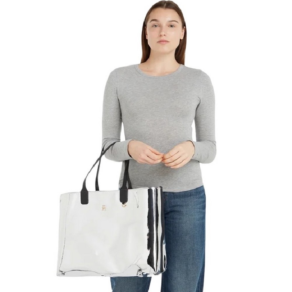 TOMMY HILFIGER ICONIC TOMMY TOTE METAL ΤΣΑΝΤΑ ΓΥΝΑΙΚΕΙΑ SILVER