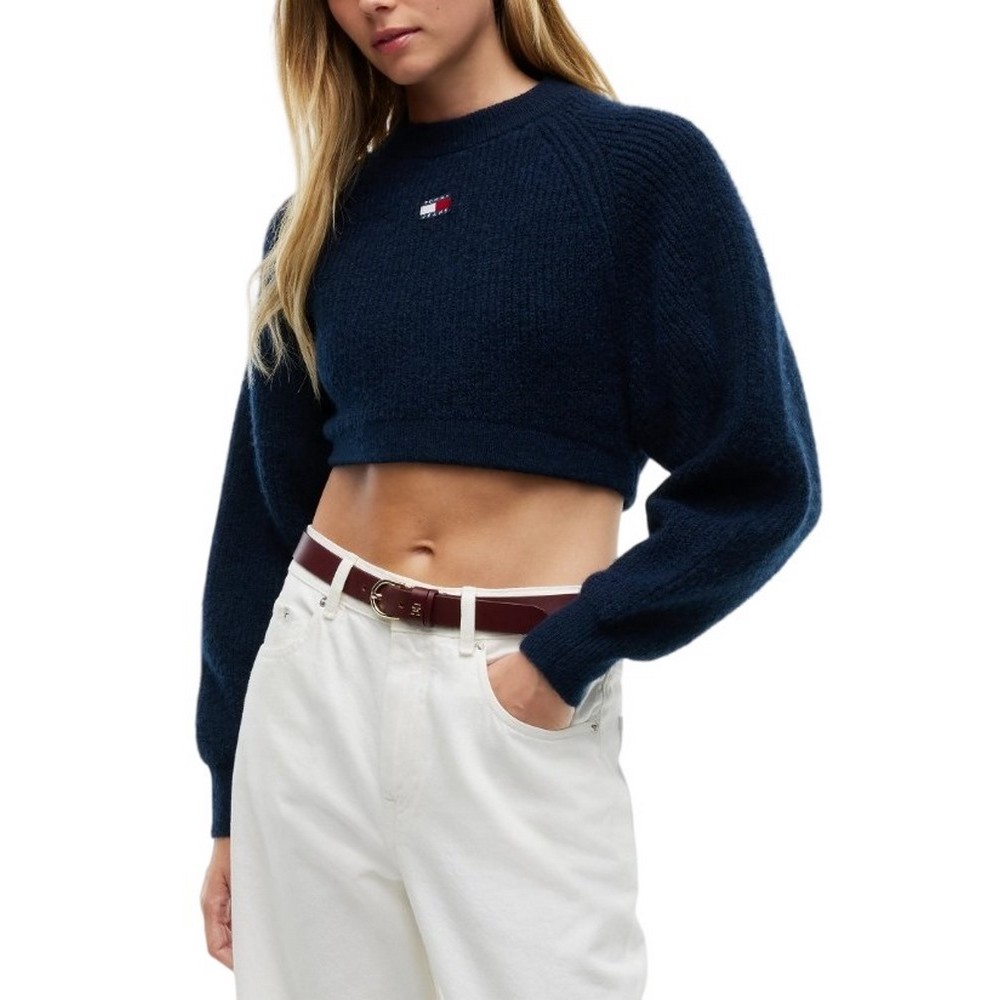 TOMMY JEANS CROP BADGE SWEATER ALPACA ΜΠΛΟΥΖΑ ΠΛΕΚΤΗ ΓΥΝΑΙΚΕΙΑ NAVY