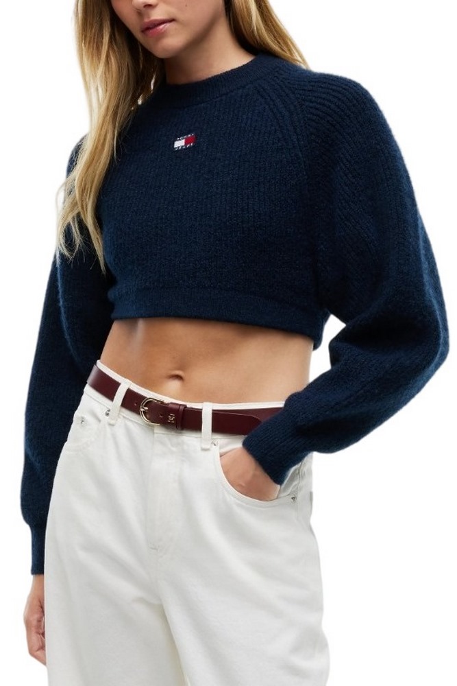 TOMMY JEANS CROP BADGE SWEATER ALPACA ΜΠΛΟΥΖΑ ΠΛΕΚΤΗ ΓΥΝΑΙΚΕΙΑ NAVY