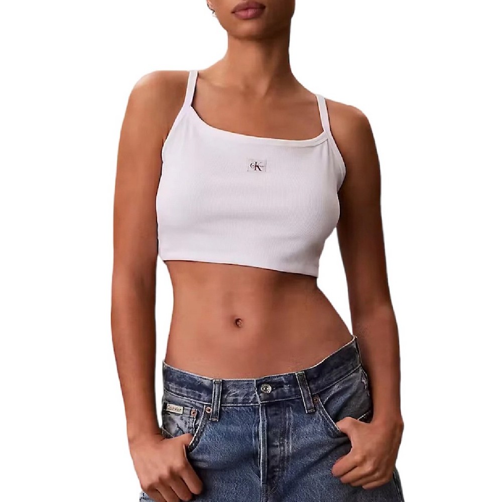 CALVIN KLEIN JEANS SL WOVEN LABEL 2X2 BABY RIB CROP ΤΟΠ ΓΥΝΑΙΚΕΙΟ BRIGHT WHITE