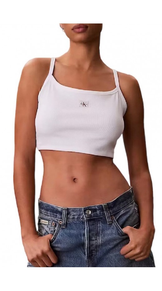 CALVIN KLEIN JEANS SL WOVEN LABEL 2X2 BABY RIB CROP ΤΟΠ ΓΥΝΑΙΚΕΙΟ BRIGHT WHITE