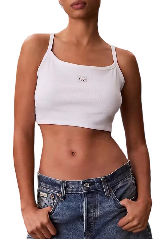 CALVIN KLEIN JEANS SL WOVEN LABEL 2X2 BABY RIB CROP ΤΟΠ ΓΥΝΑΙΚΕΙΟ BRIGHT WHITE