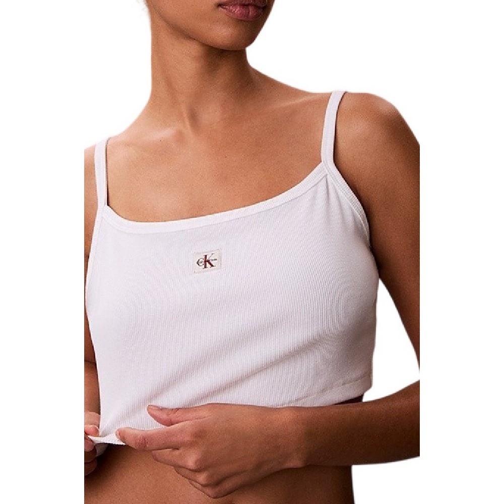 CALVIN KLEIN JEANS SL WOVEN LABEL 2X2 BABY RIB CROP ΤΟΠ ΓΥΝΑΙΚΕΙΟ BRIGHT WHITE
