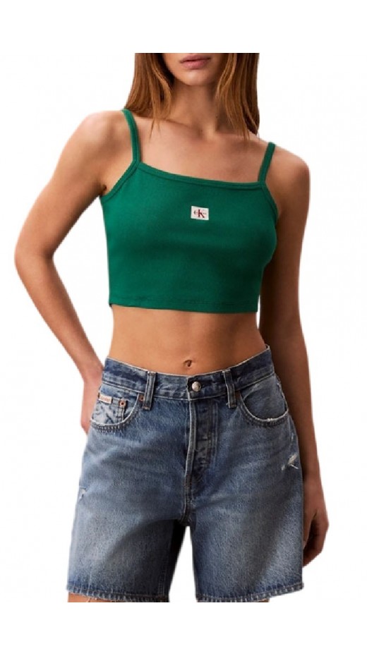 CALVIN KLEIN JEANS SL WOVEN LABEL 2X2 BABY RIB CROP ΤΟΠ ΓΥΝΑΙΚΕΙΟ GREEN