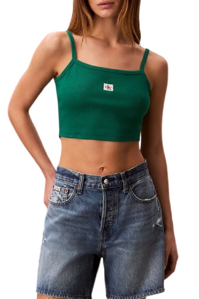 CALVIN KLEIN JEANS SL WOVEN LABEL 2X2 BABY RIB CROP ΤΟΠ ΓΥΝΑΙΚΕΙΟ GREEN