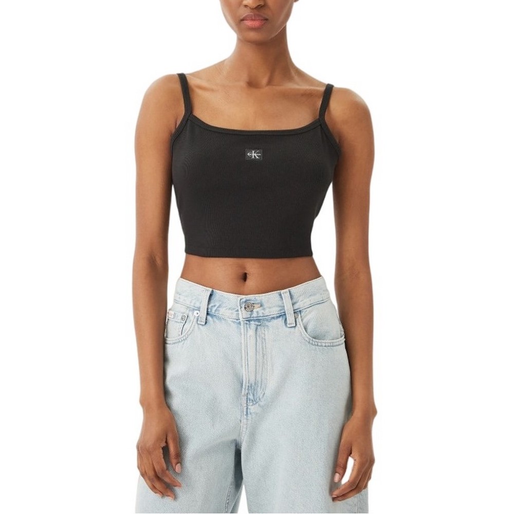 CALVIN KLEIN JEANS SL WOVEN LABEL 2X2 BABY RIB CROP ΤΟΠ ΓΥΝΑΙΚΕΙΟ BLACK