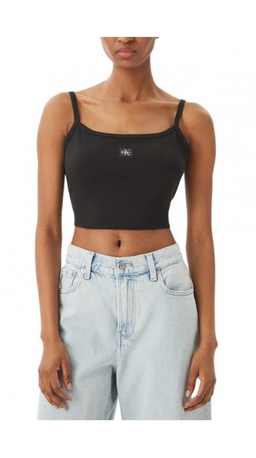 CALVIN KLEIN JEANS SL WOVEN LABEL 2X2 BABY RIB CROP ΤΟΠ ΓΥΝΑΙΚΕΙΟ BLACK