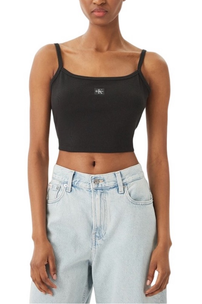 CALVIN KLEIN JEANS SL WOVEN LABEL 2X2 BABY RIB CROP ΤΟΠ ΓΥΝΑΙΚΕΙΟ BLACK