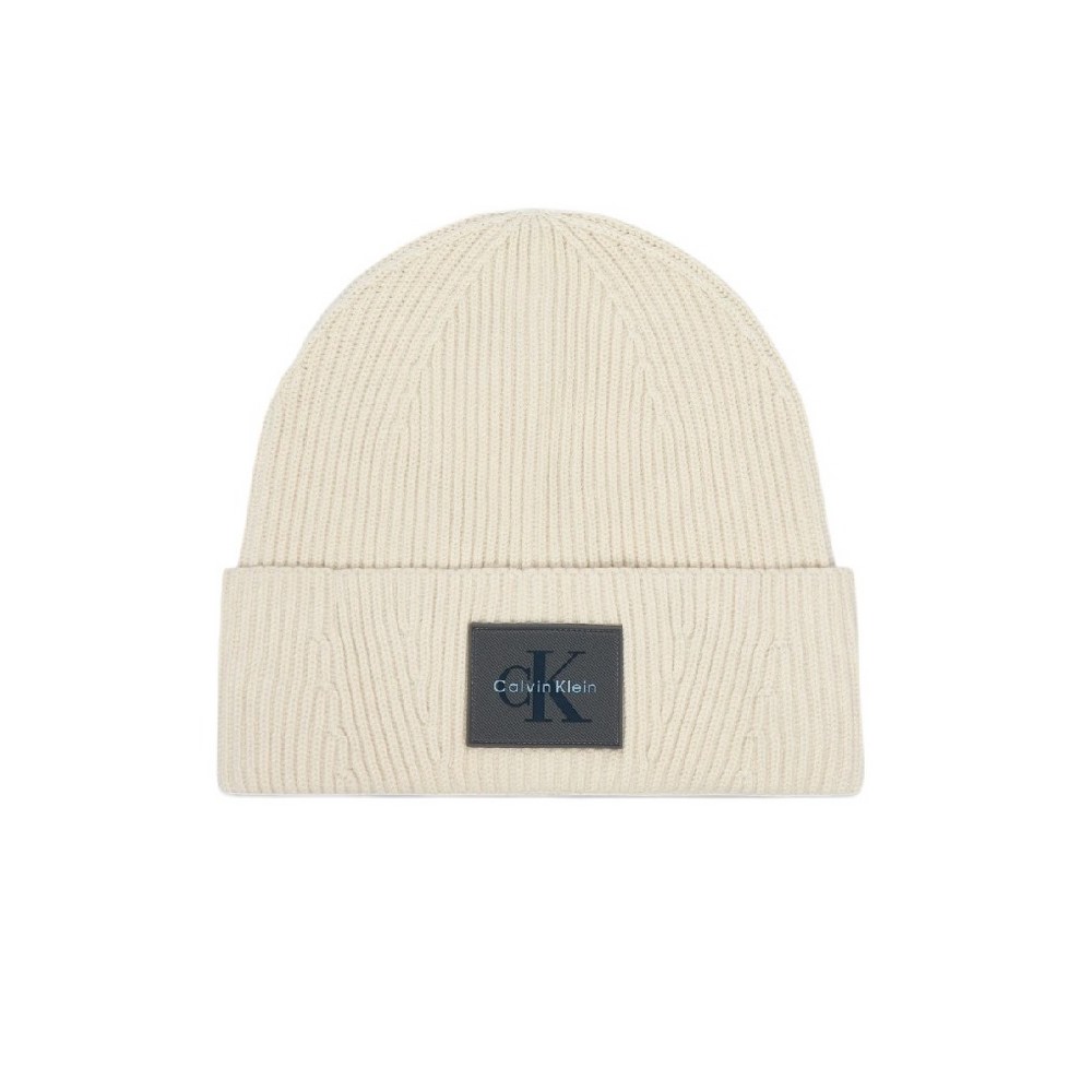 CALVIN KLEIN MONOLOGO PATCH RIB BEANIE ΣΚΟΥΦΟΣ ΑΝΔΡΙΚΟΣ OFF WHITE