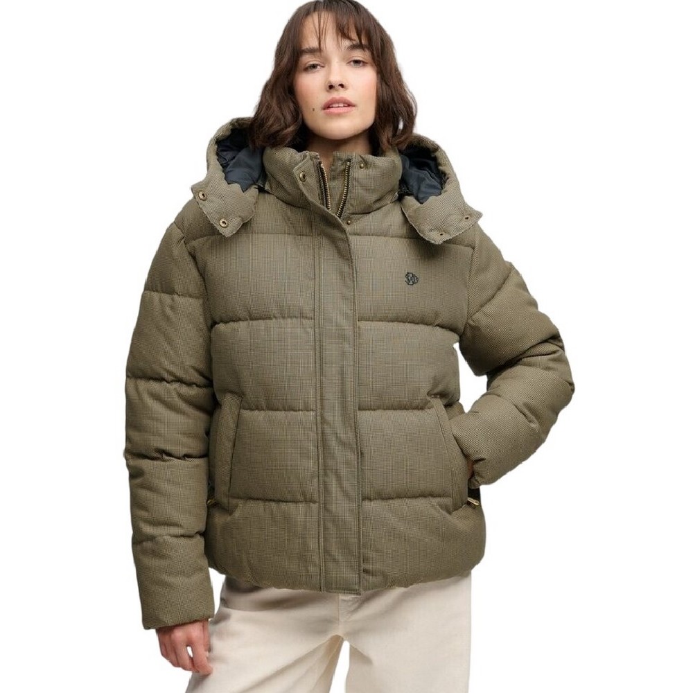 SUPERDRY PREMIUM HOOD CHECK PUFFER JKT ΜΠΟΥΦΑΝ ΓΥΝΑΙΚΕΙΟ BROWN