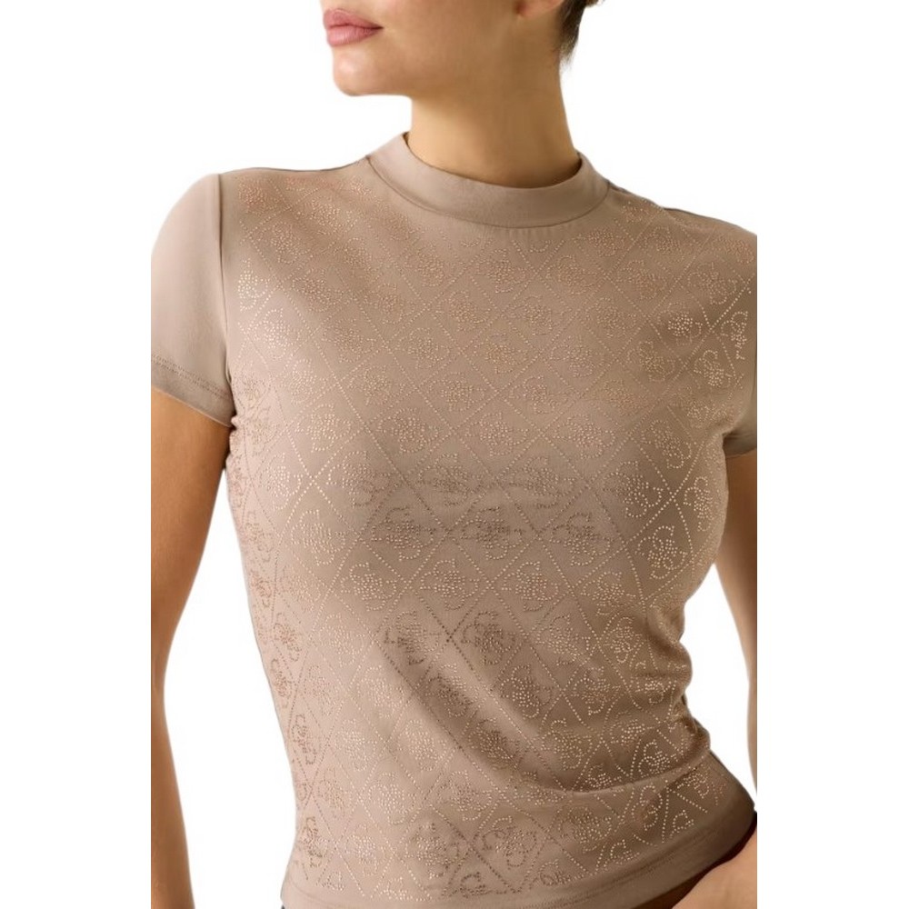 GUESS MOCK NECK ALL OVER 4G T-SHIRT ΜΠΛΟΥΖΑ ΓΥΝΑΙΚΕΙΑ BEIGE