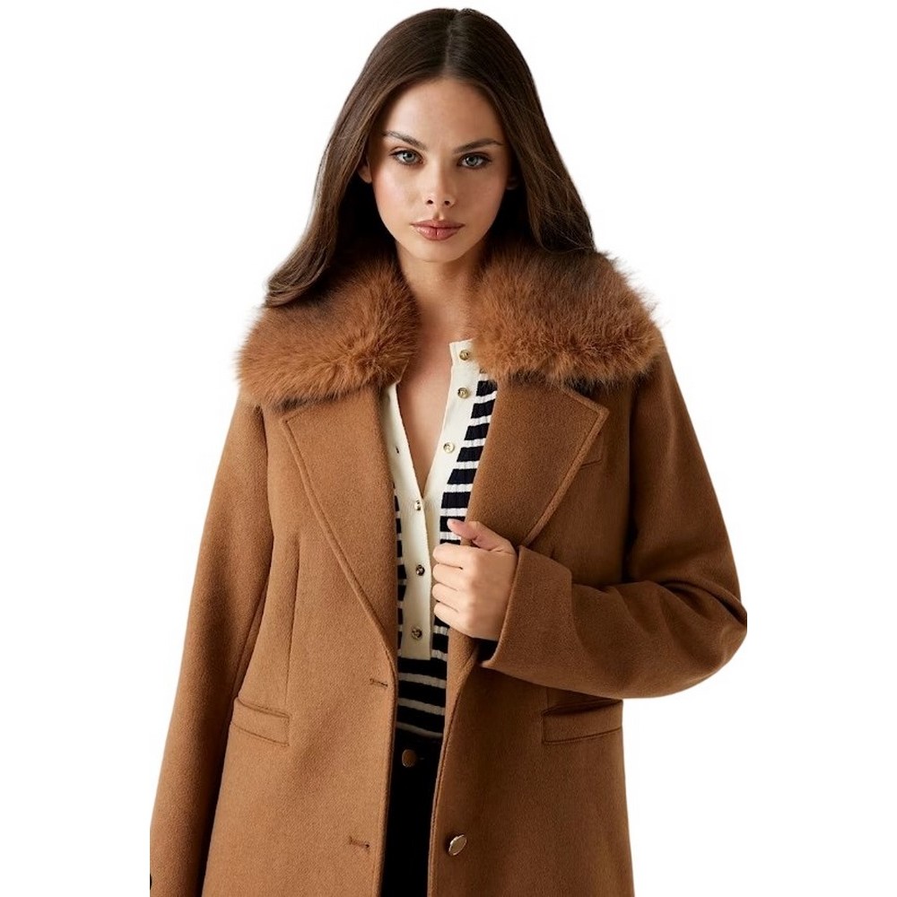 GUESS KAROLE FUR COLLAR COAT ΠΑΛΤΟ ΓΥΝΑΙΚΕΙΟ COGNAC