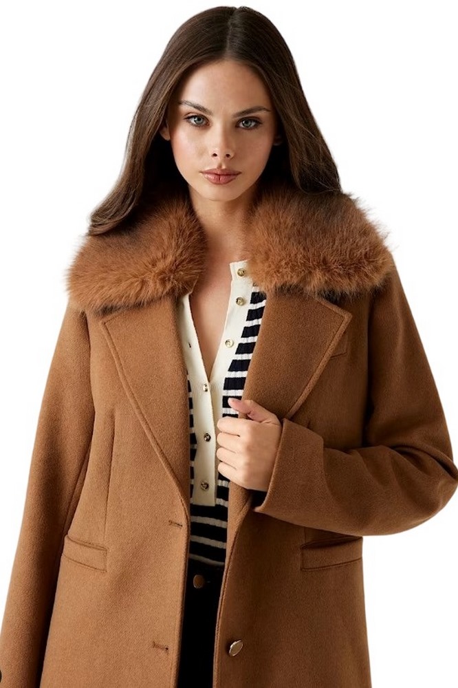 GUESS KAROLE FUR COLLAR COAT ΠΑΛΤΟ ΓΥΝΑΙΚΕΙΟ COGNAC