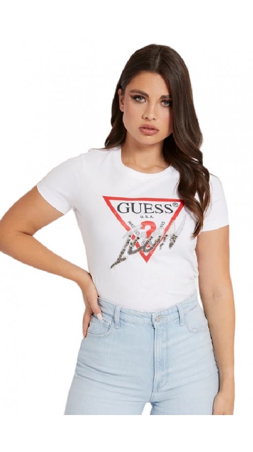 T-SHIRT TRIANGLE LOGO ICON  ΓΥΝΑΙΚΕΙΟ GUESS WHITE
